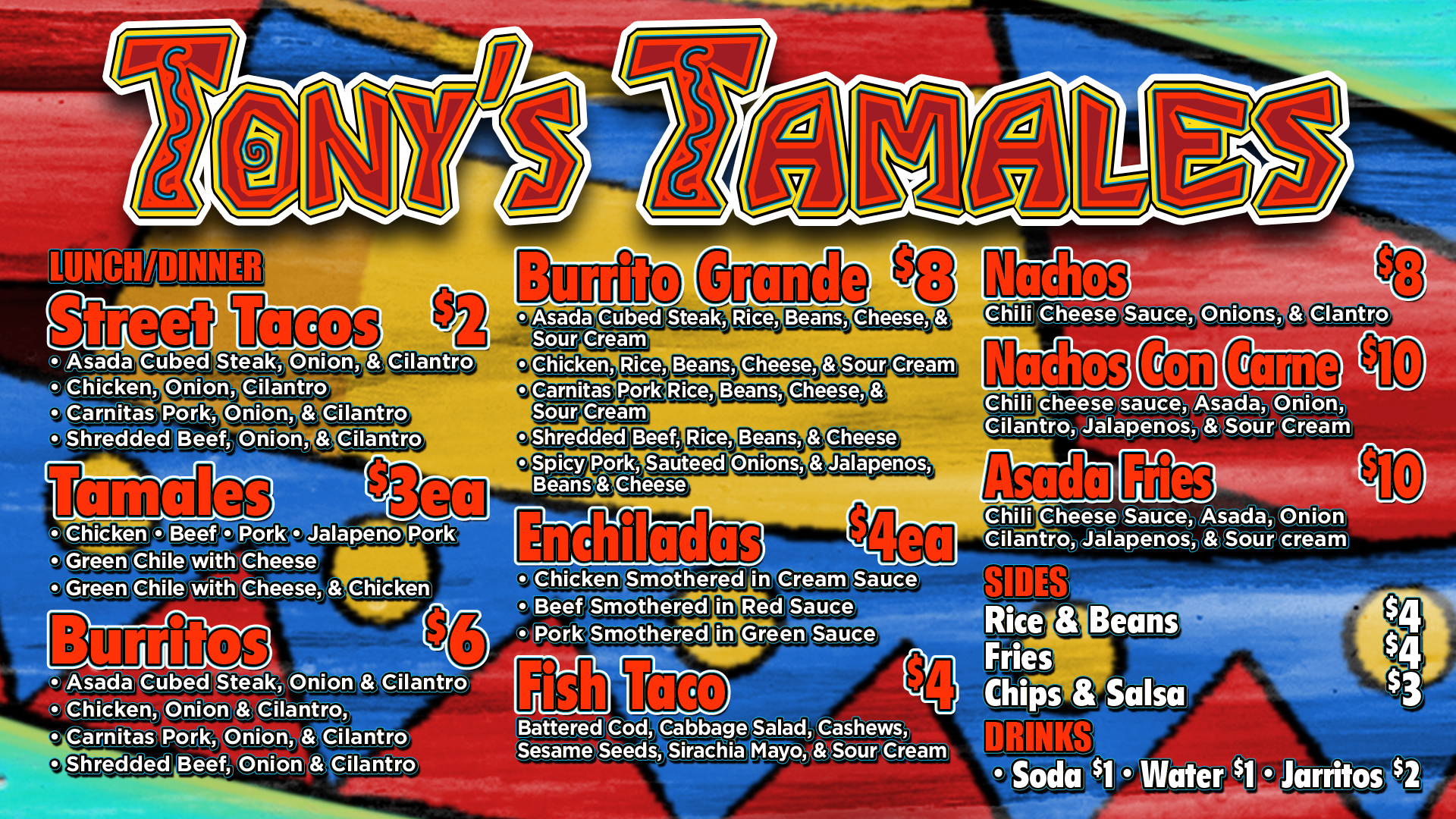 Menu Tony's Tamales and Catering